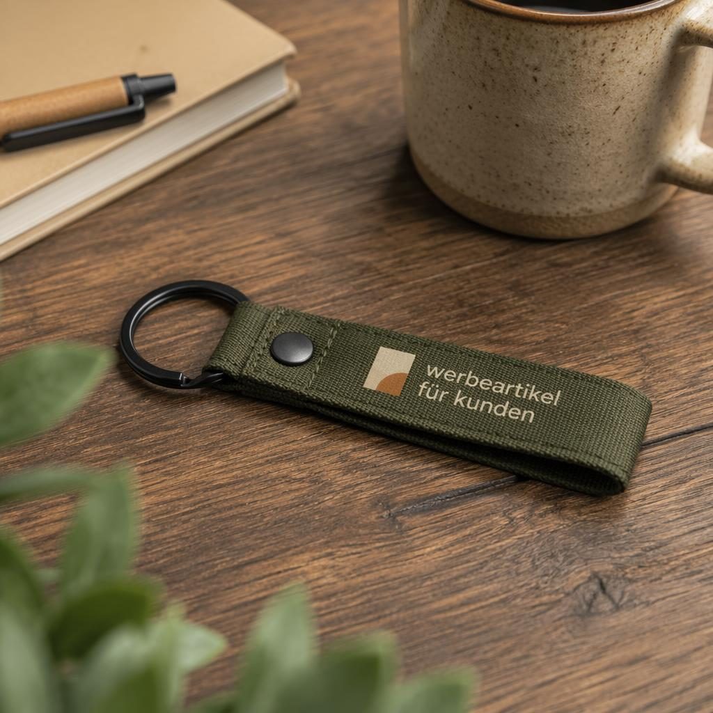 Fotorealistischer olivgrüner Schlüsselanhänger auf Schreibtisch, Lifestyle-Mockup mit warmen Erdtönen und Logo am Sleeve.