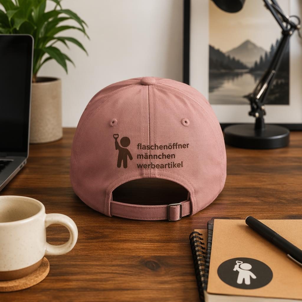 Staubrosa Cap auf Schreibtisch im Lifestyle-Setup, Rückseite mit Logo flaschenöffner männchen werbeartikel