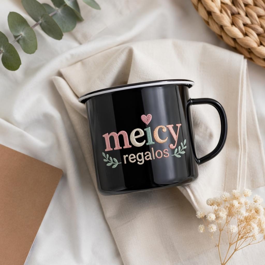 Taza esmaltada negra en flat lay de estudio con logo meicy regalos, paleta pastel suave y textura realista.