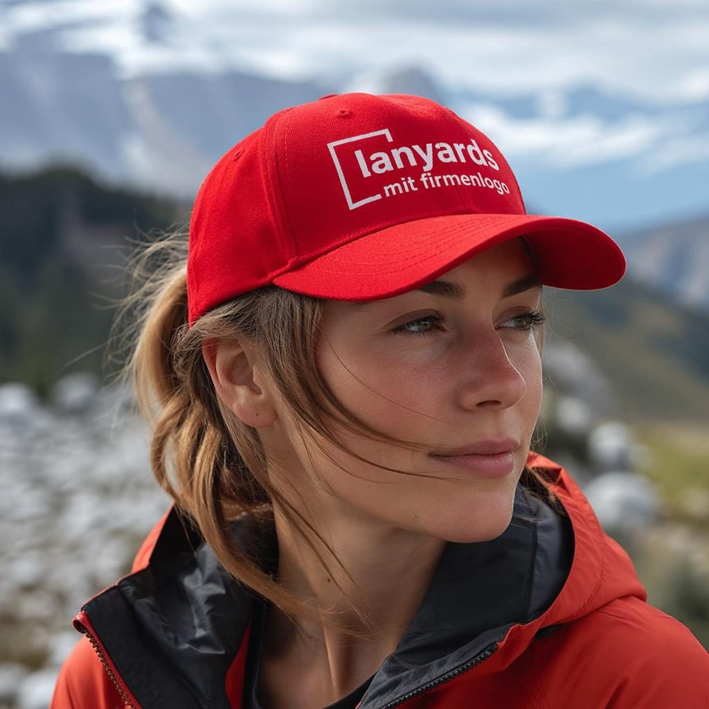 Fotorealistisches Mockup einer roten Cap im Outdoor-Stil mit großem weißen Logoaufdruck auf der Vorderseite.