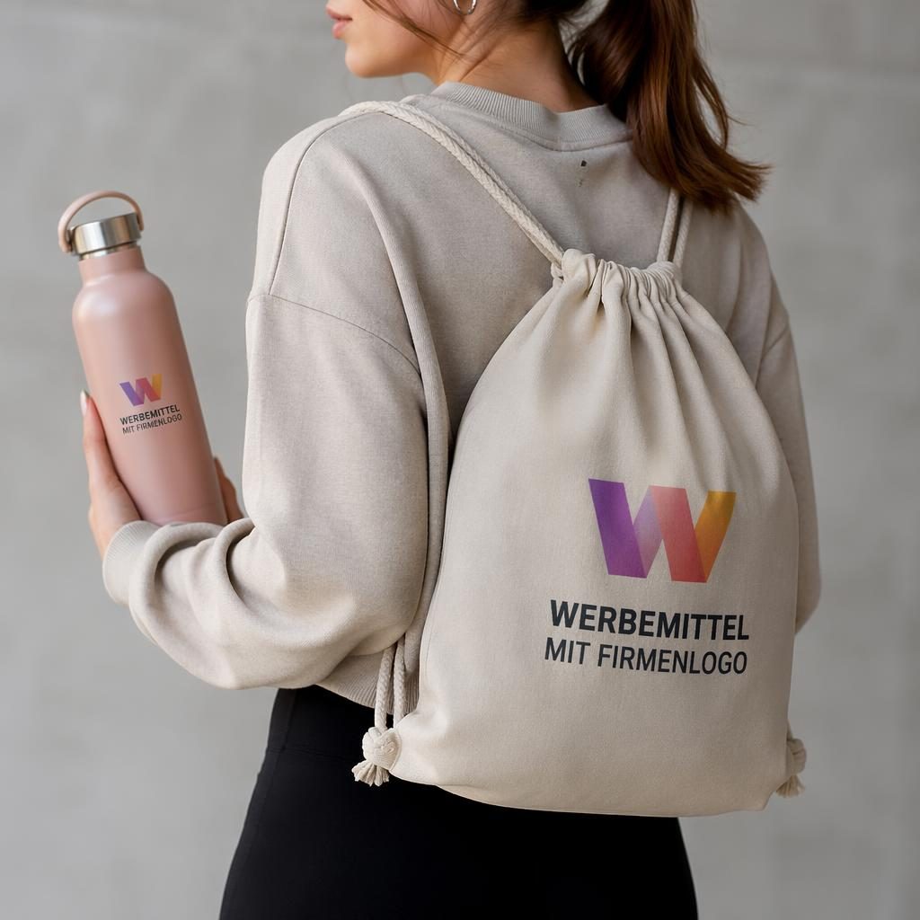 Staubrosa Trinkflasche als Produkt-Mockup am Model getragen, mit buntem Firmenlogo auf der Rückseite, im Studio fotografiert.