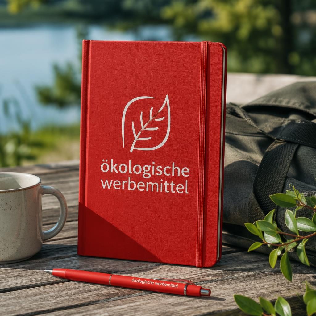 Fotorealistisches rotes Notizbuch im Outdoor-Lifestyle-Mockup mit großem weißen ökologische werbemittel Logo