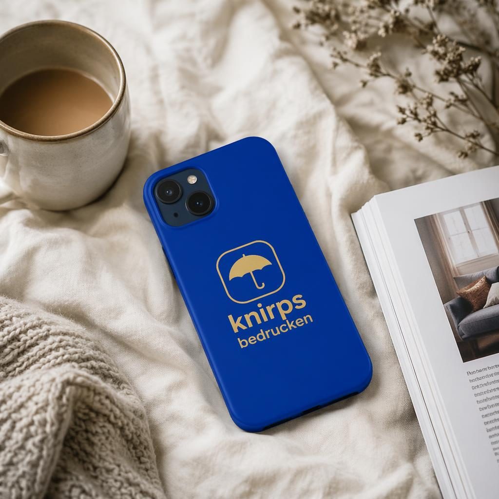 Royalblaue Handyhülle mit knirps bedrucken Logo im cozy Home-Setup, schwarzer und goldener Markenoptik.