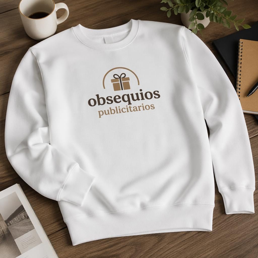Sudadera blanca tipo crewneck sobre escritorio, con logo obsequios publicitarios al centro y accesorios de oficina