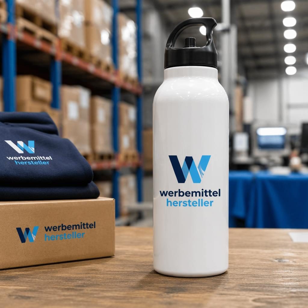 Weiße Wasserflasche mit umlaufendem werbemittel hersteller Logo in Blau, fotografiert im industriellen Warehouse-Stil