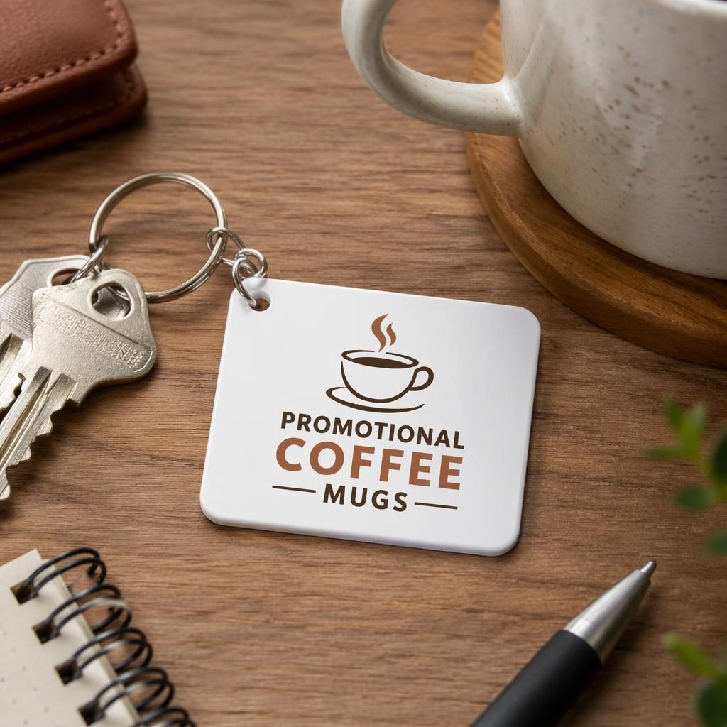 White keychain mockup on a desk in a warm earth-toned lifestyle scene with a generic promotional coffee mugs logo.