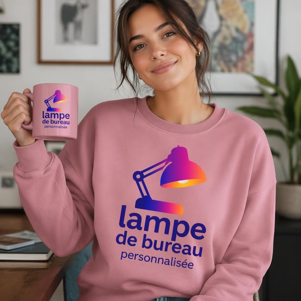Pack d’autocollants rose poudré porté sur modèle, avec grand logo dégradé vif et rendu photo studio net.