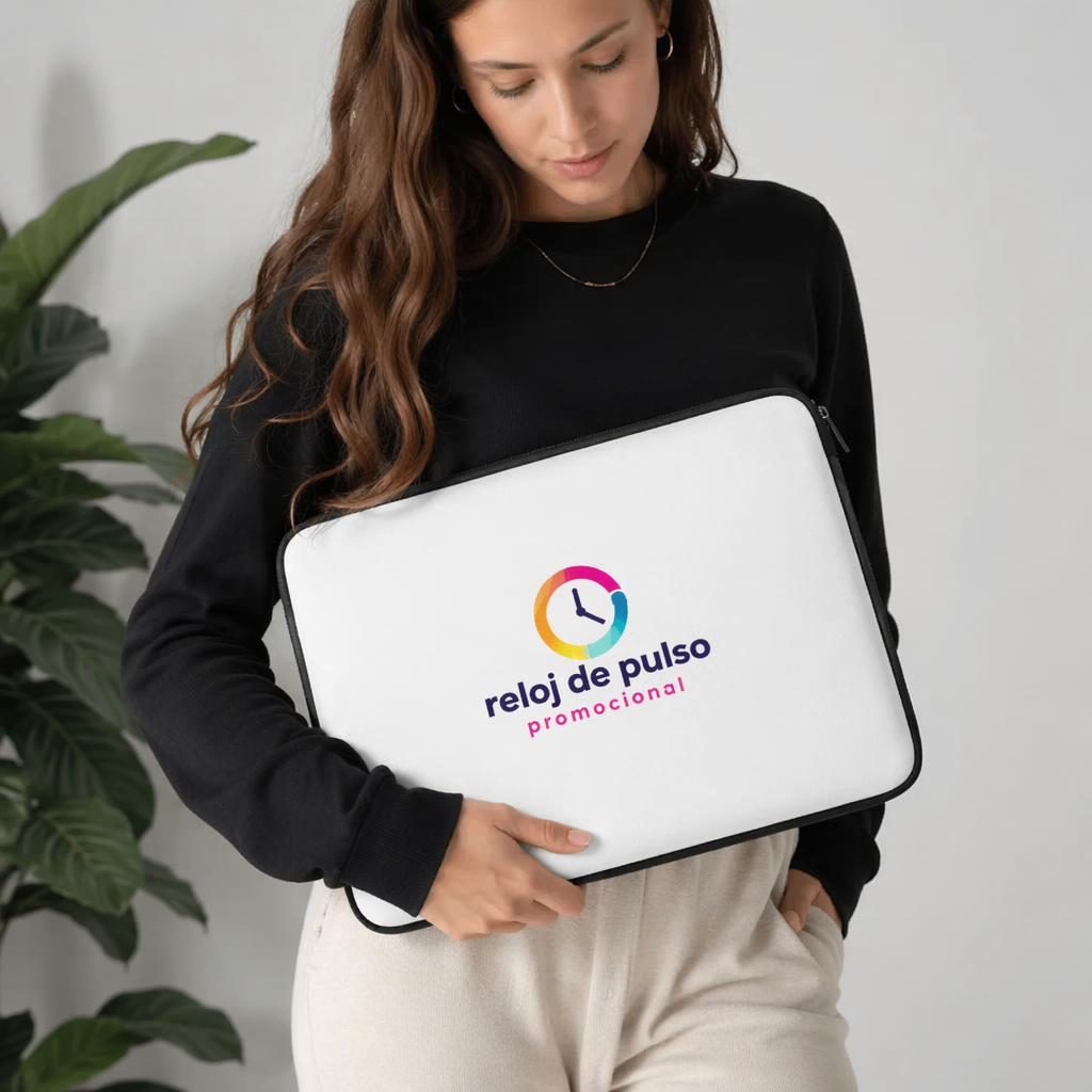 Modelo con funda blanca para portátil con logo genérico vibrante de reloj de pulso promocional en estudio