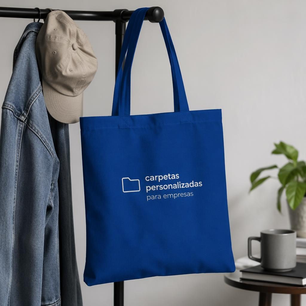 Bolsa tote azul real colgada en perchero, con logotipo bordado minimalista en estudio y textura de tela nítida