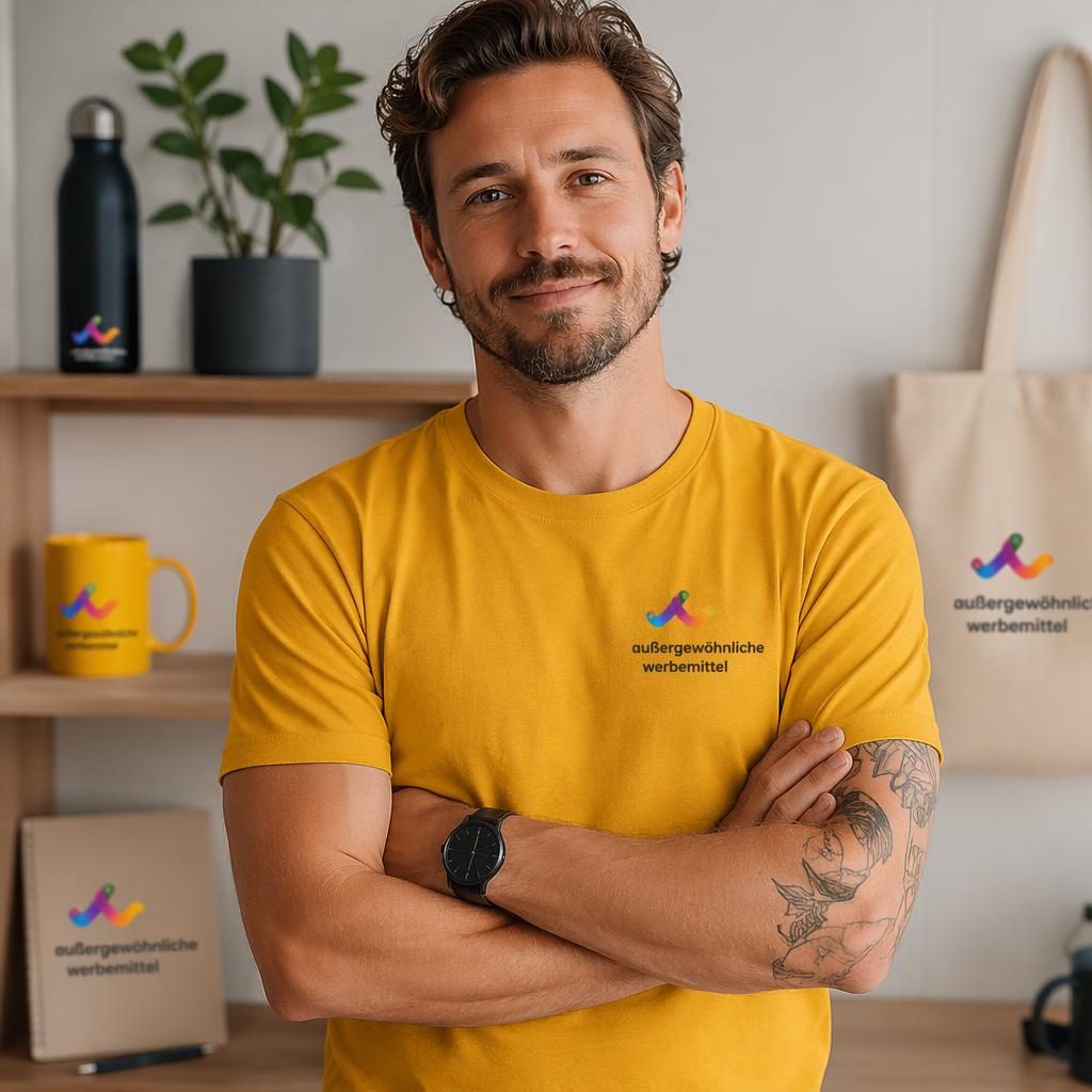 Model trägt ein senfgelbes T-Shirt mit kleinem außergewöhnliche werbemittel Logo auf der linken Brust