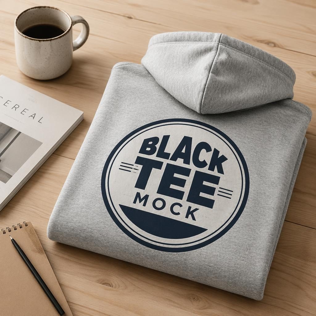 Folded stack of heather gray hoodies with a full-back black tee mock logo in navy and cream, studio-lit product mockup