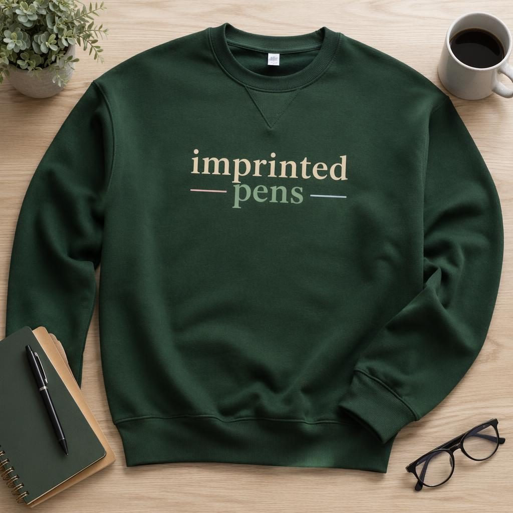 Studio flat lay of a forest green crewneck with imprinted pens logo centered on the chest in a soft pastel palette.