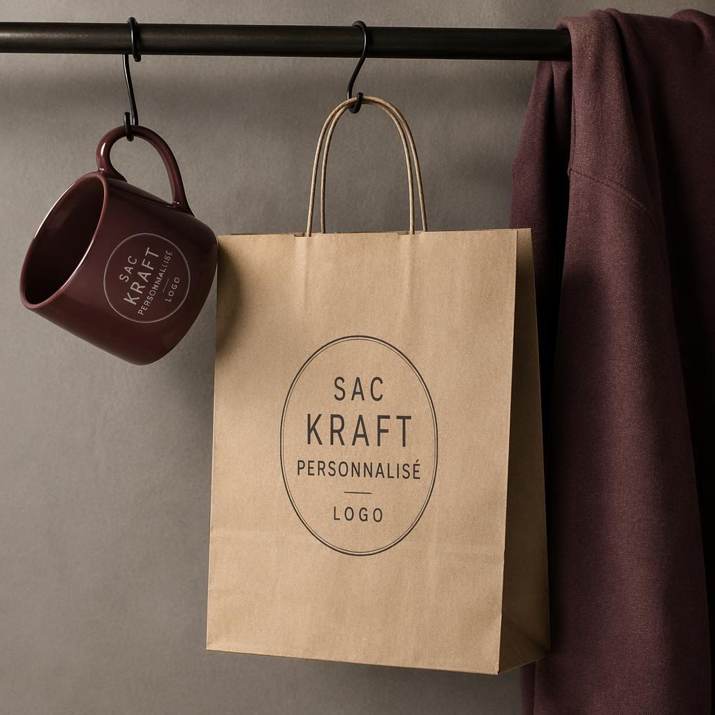 Mockup photo réaliste d’un mug bordeaux avec logo typographique centré, éclairage studio et fond minimaliste.