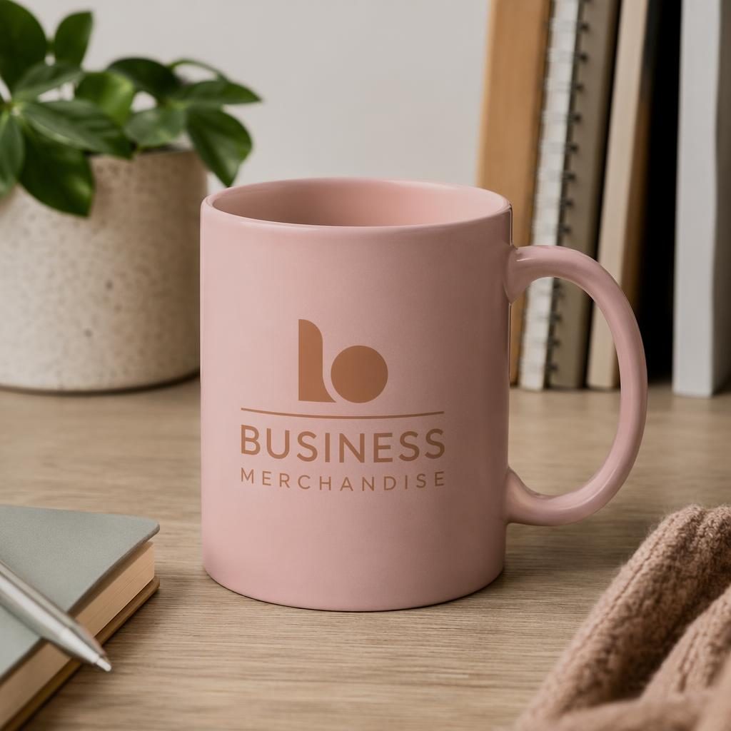Dusty pink ceramic mug with generic business merchandise logo on a desk in a warm earth-tone lifestyle scene