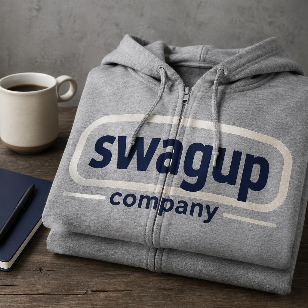 Folded stack of heather gray zip-up hoodies with large swagup company logo in navy and cream, studio product mockup