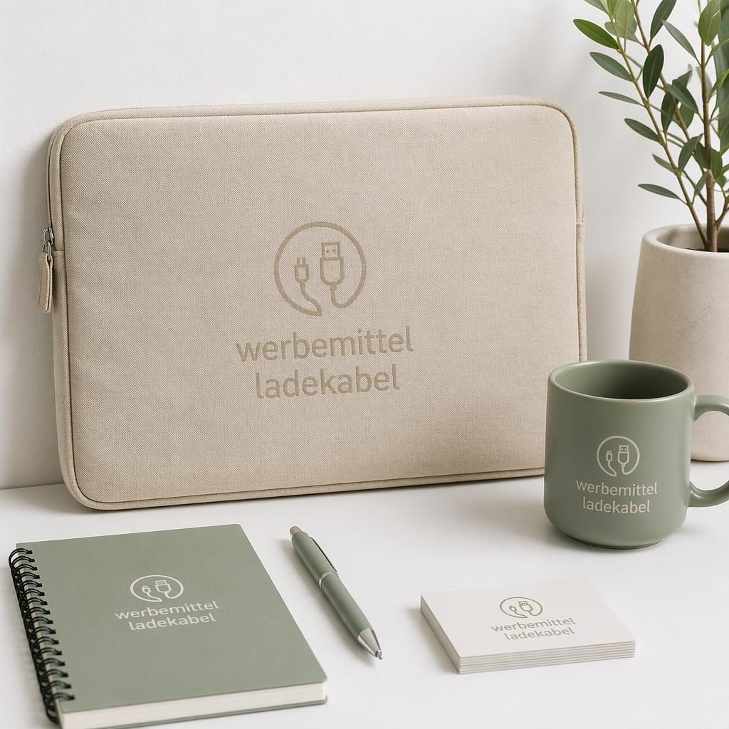 Beige Laptop-Sleeve aus Stoff auf weißem Hintergrund mit dezentem Tone-on-Tone-Logo werbemittel ladekabel