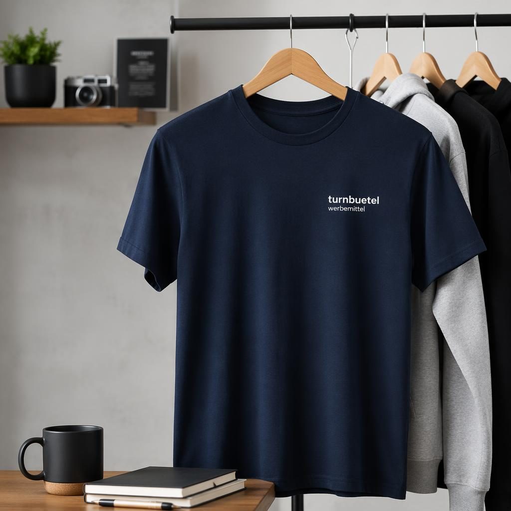 Navyblaues T-Shirt mit kleinem turnbeutel werbemittel Logo links auf der Brust, hängend an einer Kleiderstange
