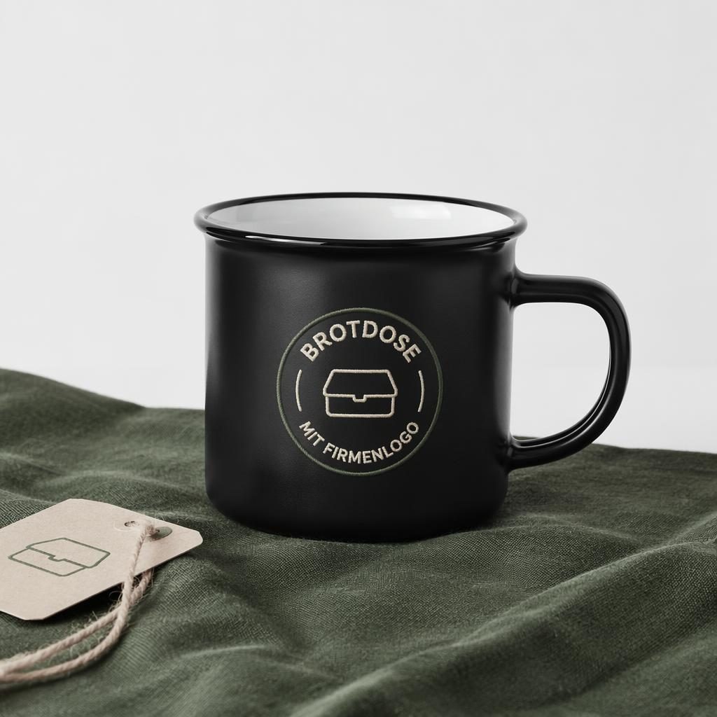 Schwarzer Emaille-Becher als Merch-Mockup auf weißem Hintergrund mit sage-elfenbeinfarbener Logo-Typografie