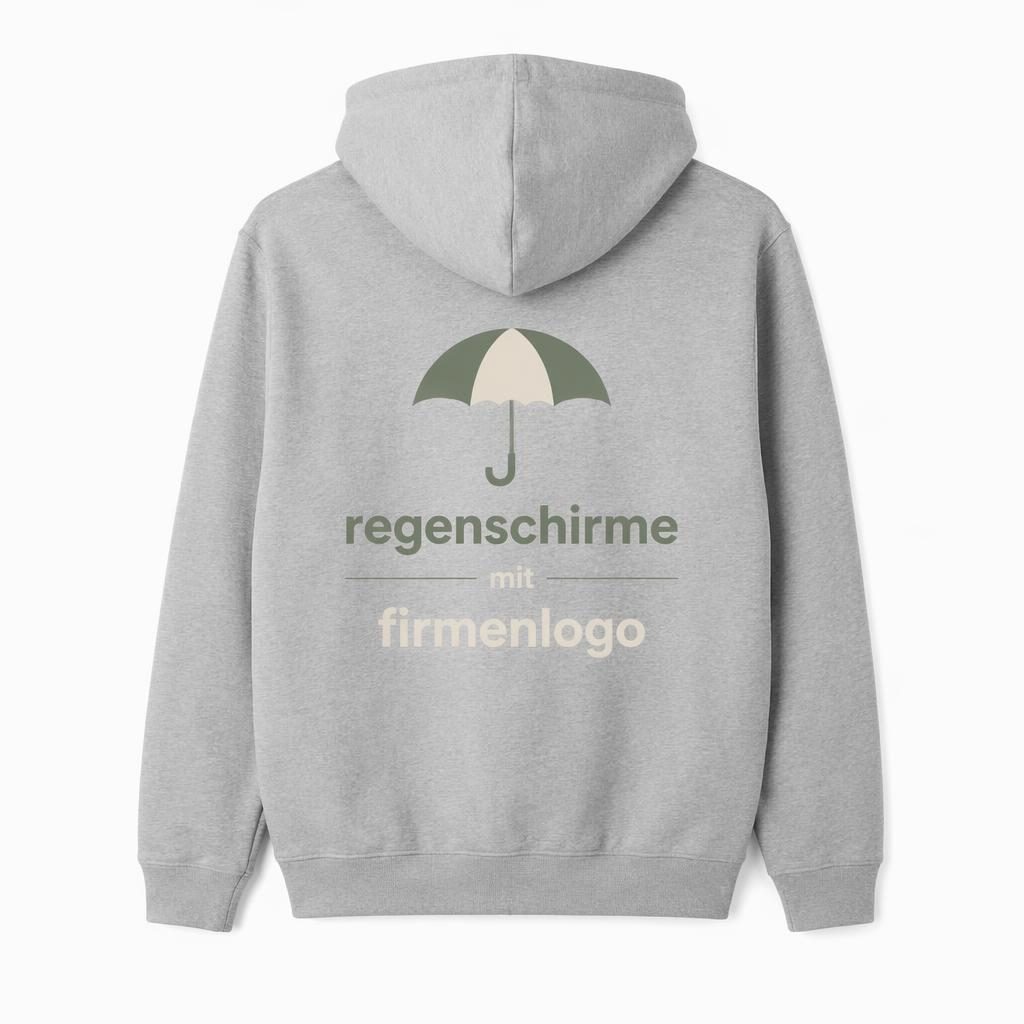 Heathergrauer Zip-Hoodie von hinten auf weißem Hintergrund mit großem Rückenlogo in Salbei und Elfenbein