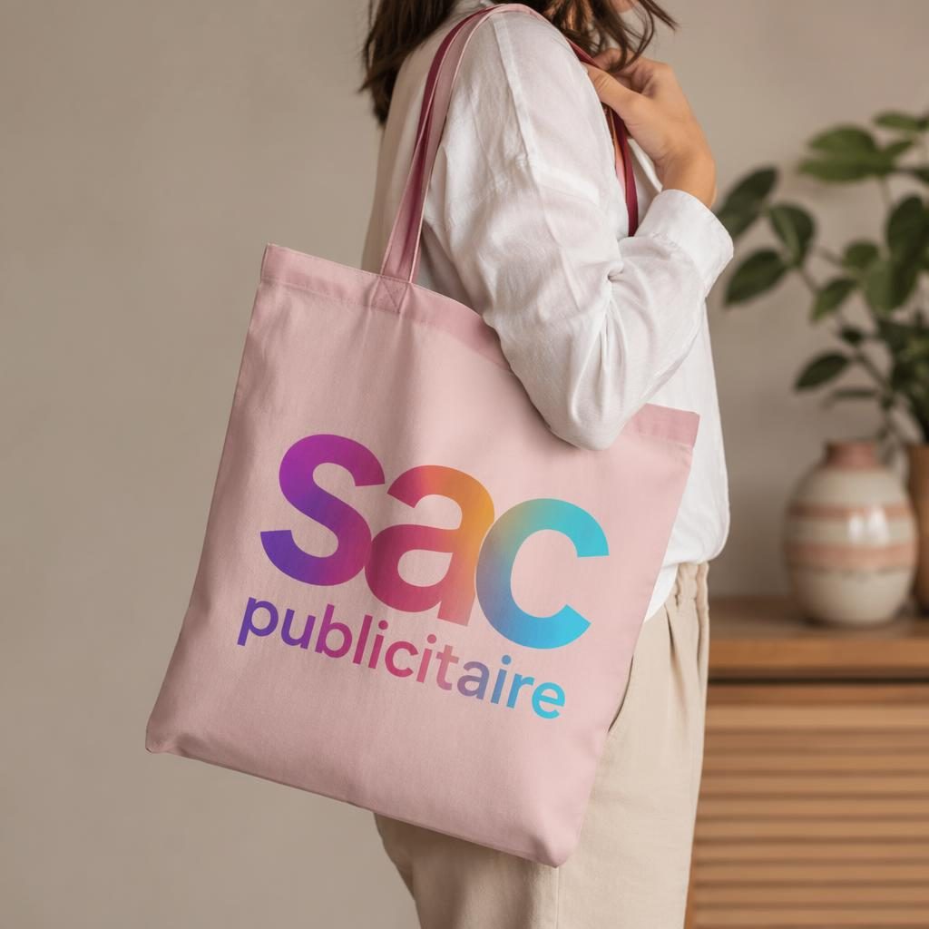 Carnet rose poudré en mockup photo réaliste avec logo sac publicitaire en grand, fond studio net et texture papier visible.