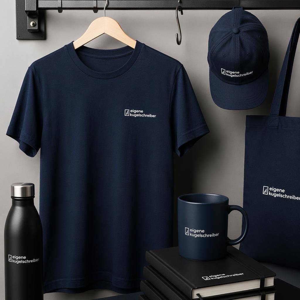 Fotorealistisches Mockup einer dunkelblauen Keramiktasse mit kleinem eigene kugelschreiber Logo im Studio