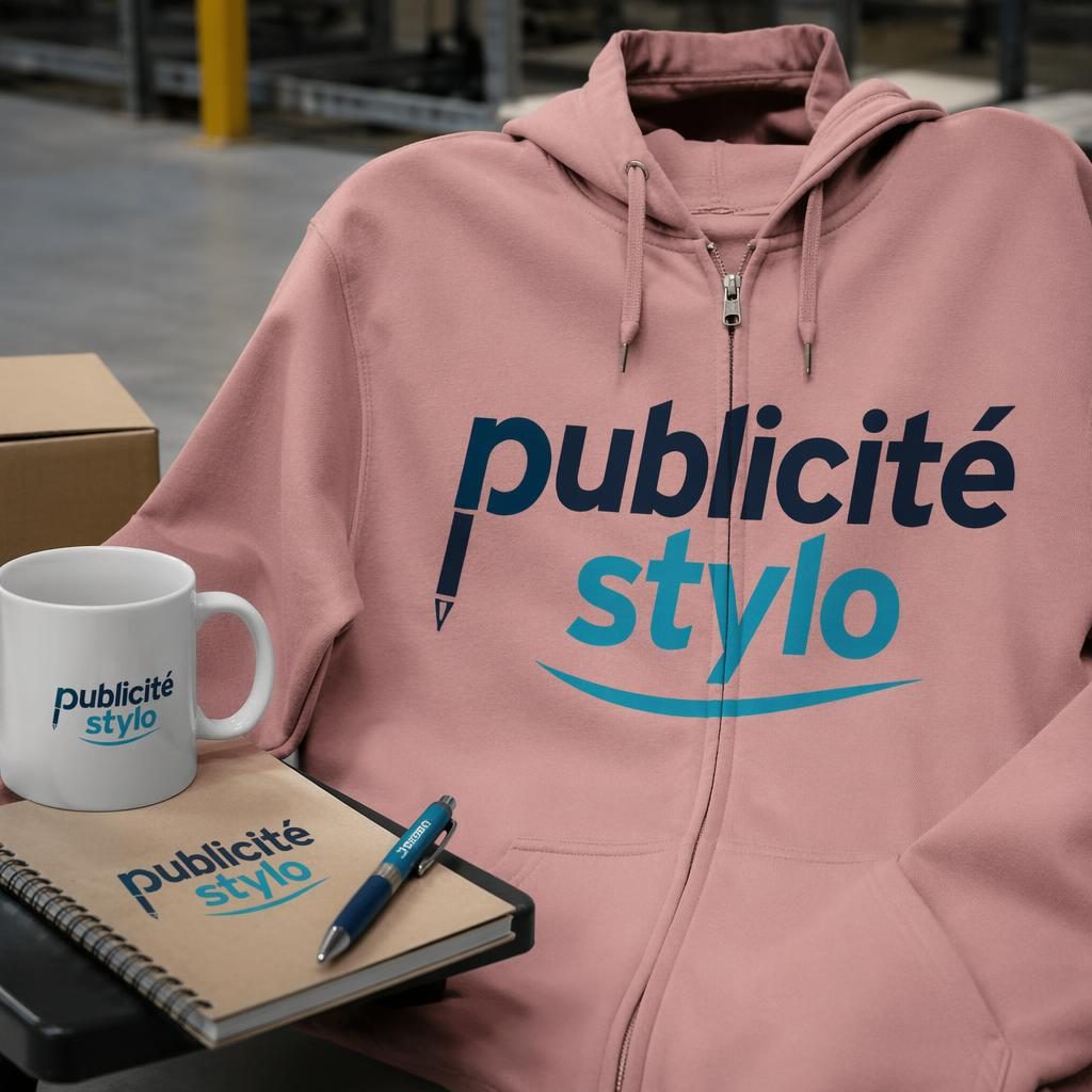 Hoodie zippé rose poudré avec grand logo publicité stylo, photographié en décor industriel de type entrepôt.