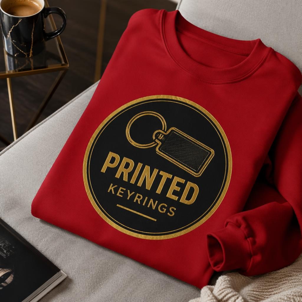 Photo-real red sweatshirt mockup with large printed keyrings logo in a cozy home setting, black and gold branding.