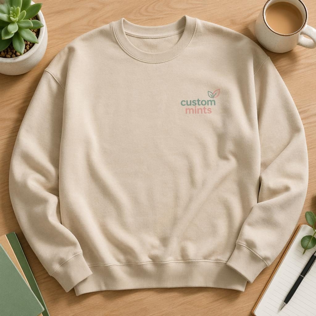Beige sand crewneck flat lay with small custom mints logo on left chest in a soft pastel studio mockup.