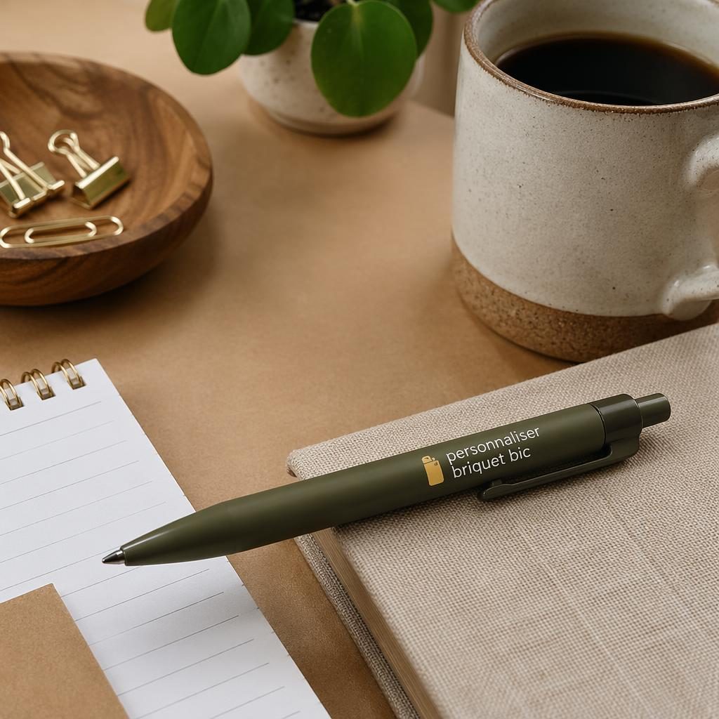 Stylo vert olive avec logo personnaliser briquet bic sur la bague, posé sur un bureau lifestyle aux tons terre.