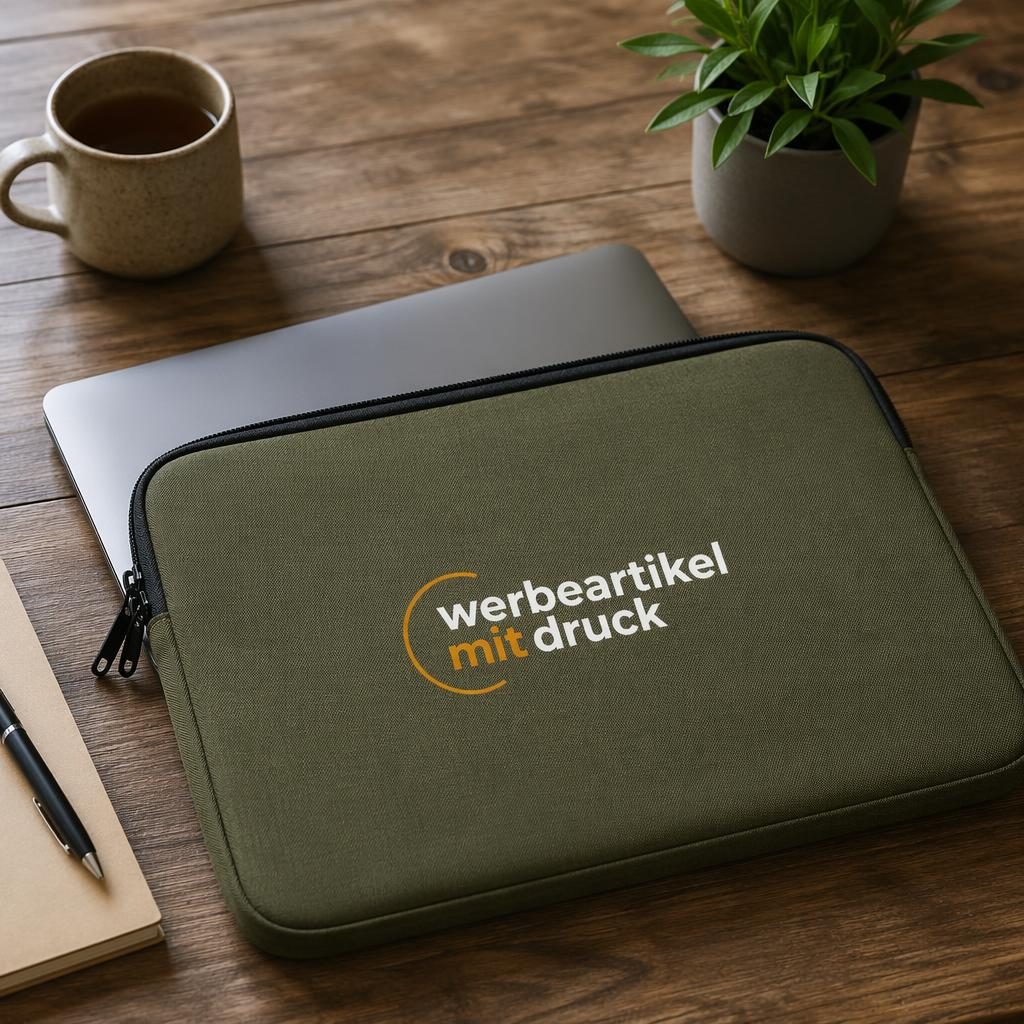 Olivgrüne Laptop-Hülle mit aufgedrucktem werbeartikel mit druck Logo in warmer Desk-Lifestyle-Szene