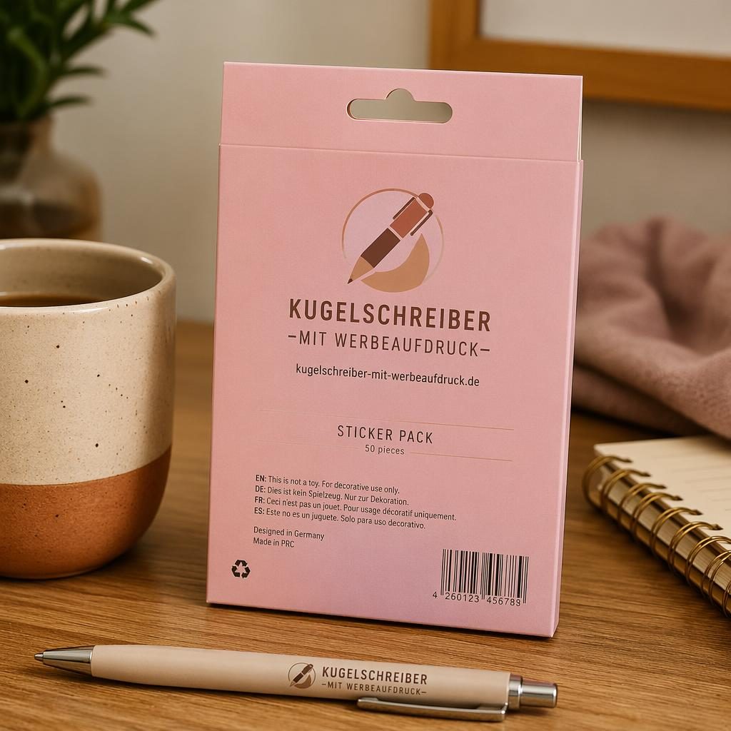 Fotorealistisches Sticker-Pack in Dusty Pink auf Schreibtisch, Lifestyle-Setup mit warmen Erdtönen und Logo auf der Rückseite