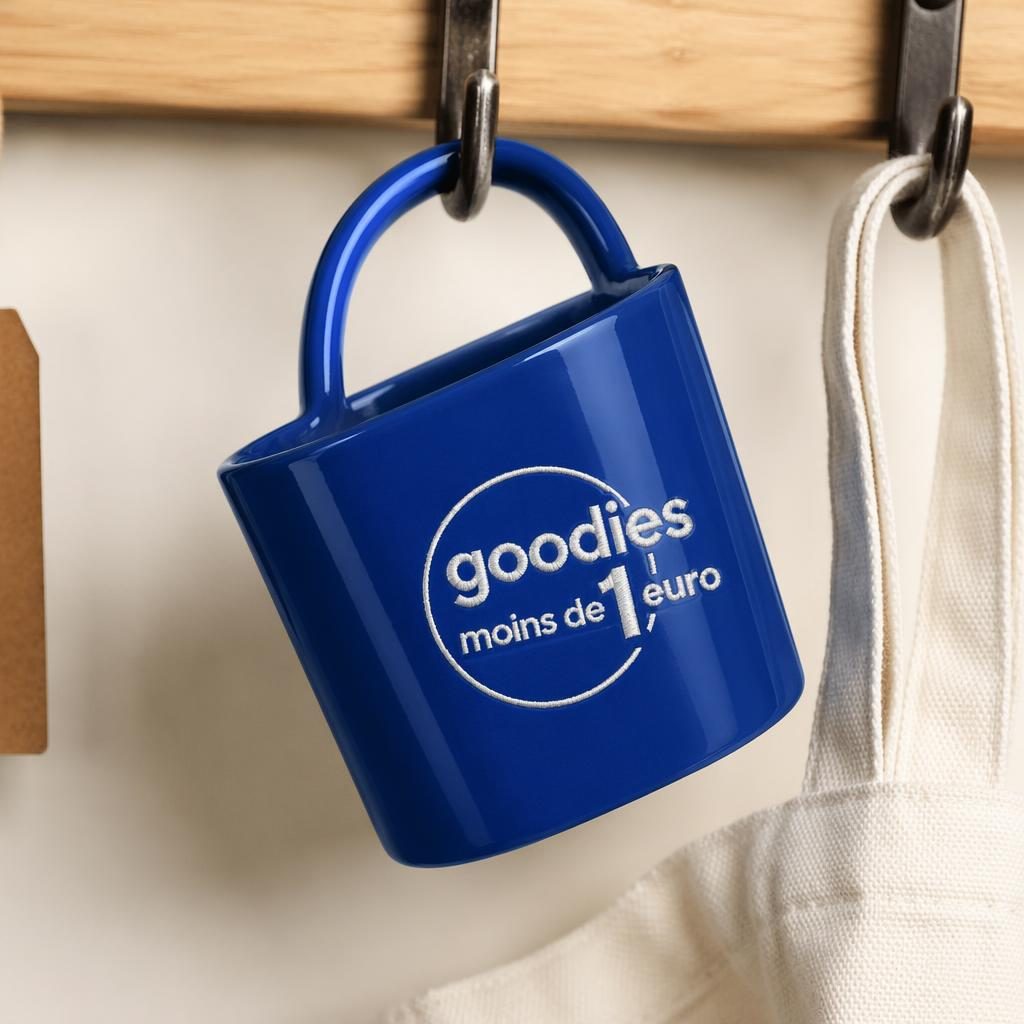 Mug bleu royal en céramique avec logo goodies moins de 1 euro, suspendu sur rack, photo studio nette