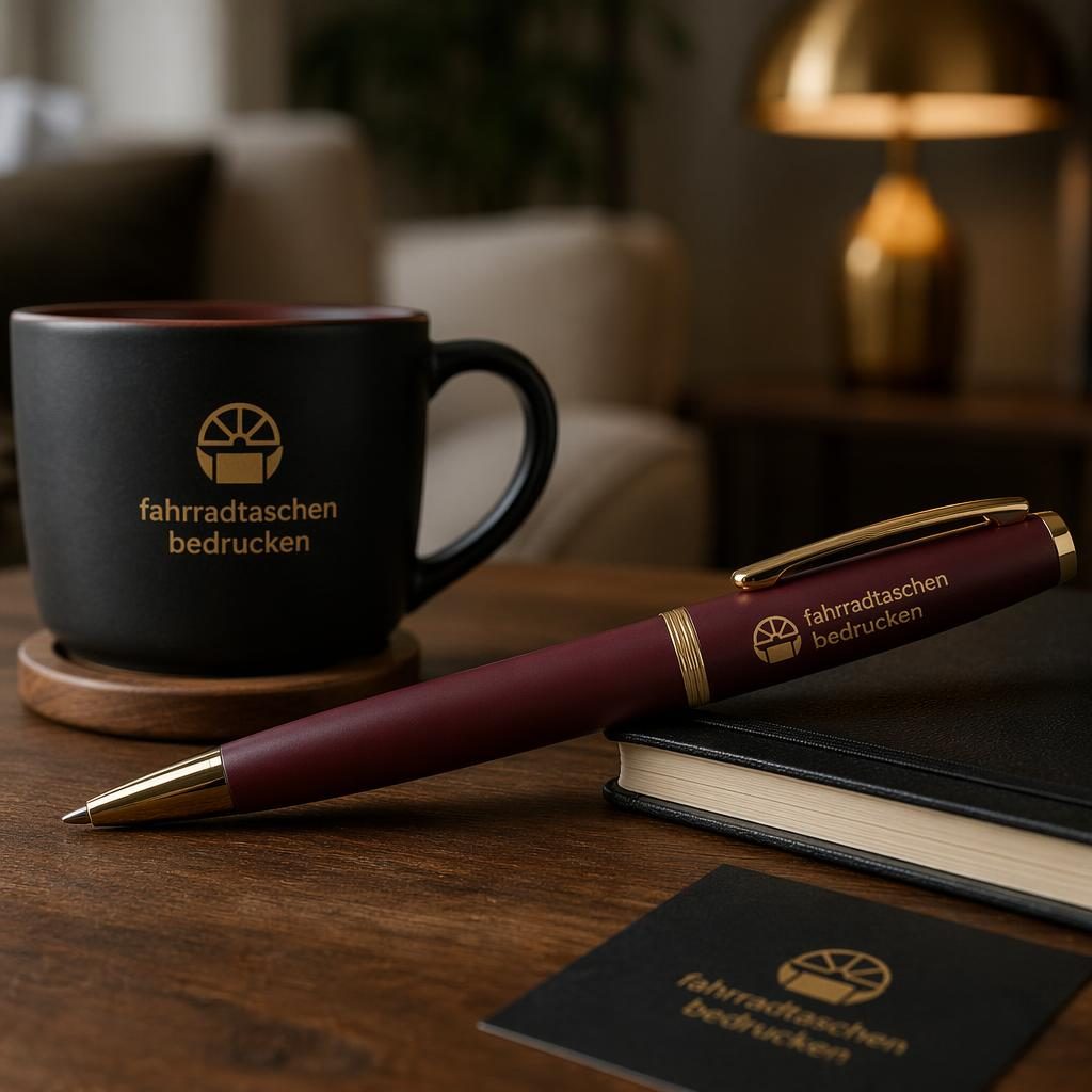 Fotorealistischer bordeauxfarbener Stift im Cozy-Home-Setting mit schwarz-goldenem fahrradtaschen bedrucken Logo