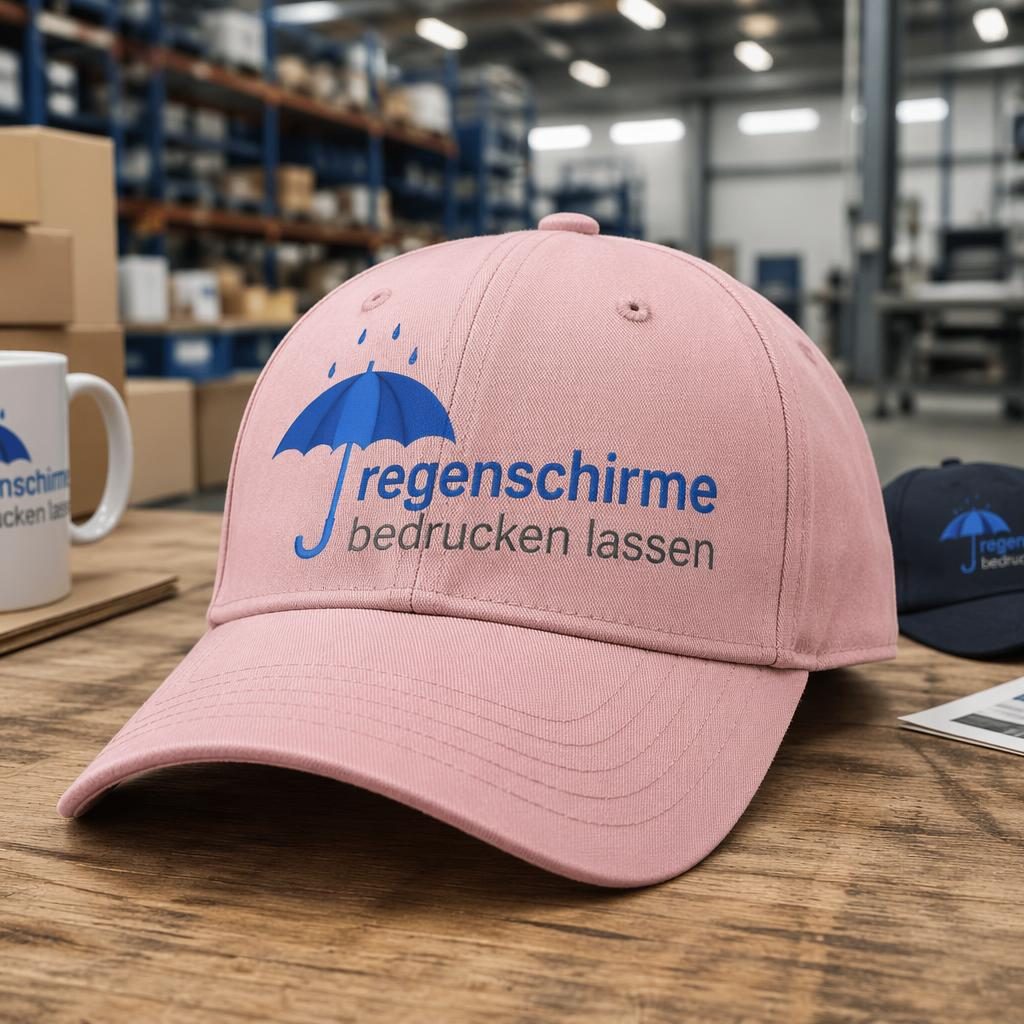 Staubrosa Cap mit großem Logo-Print in Tech-Blau, fotografiert im Warehouse-Industrial-Stil vor neutralem Studiohintergrund.