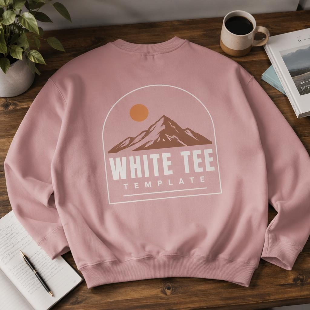 Dusty pink sweatshirt mockup in a warm desk lifestyle scene, showing a full-back white tee template print.