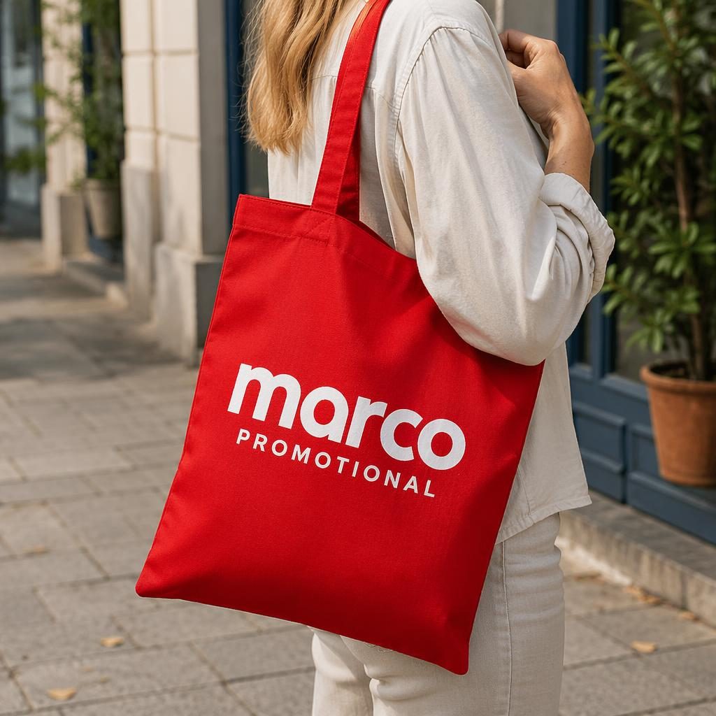 Photoreal red tote bag mockup outdoors with large white marco promotional logo and natural fabric texture
