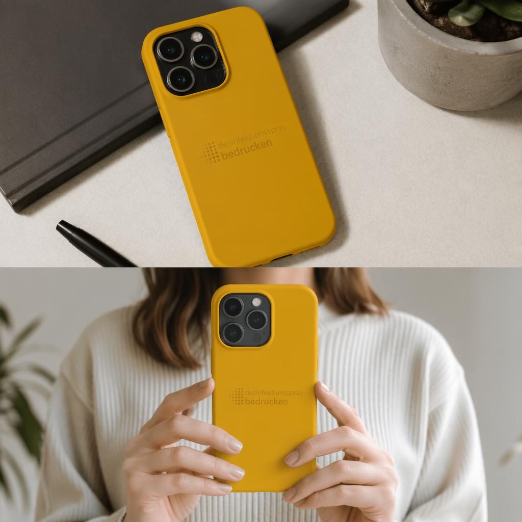Fotorealistisches Mockup einer senfgelben Handyhülle am Model mit dezent tonigem Logo im Studio