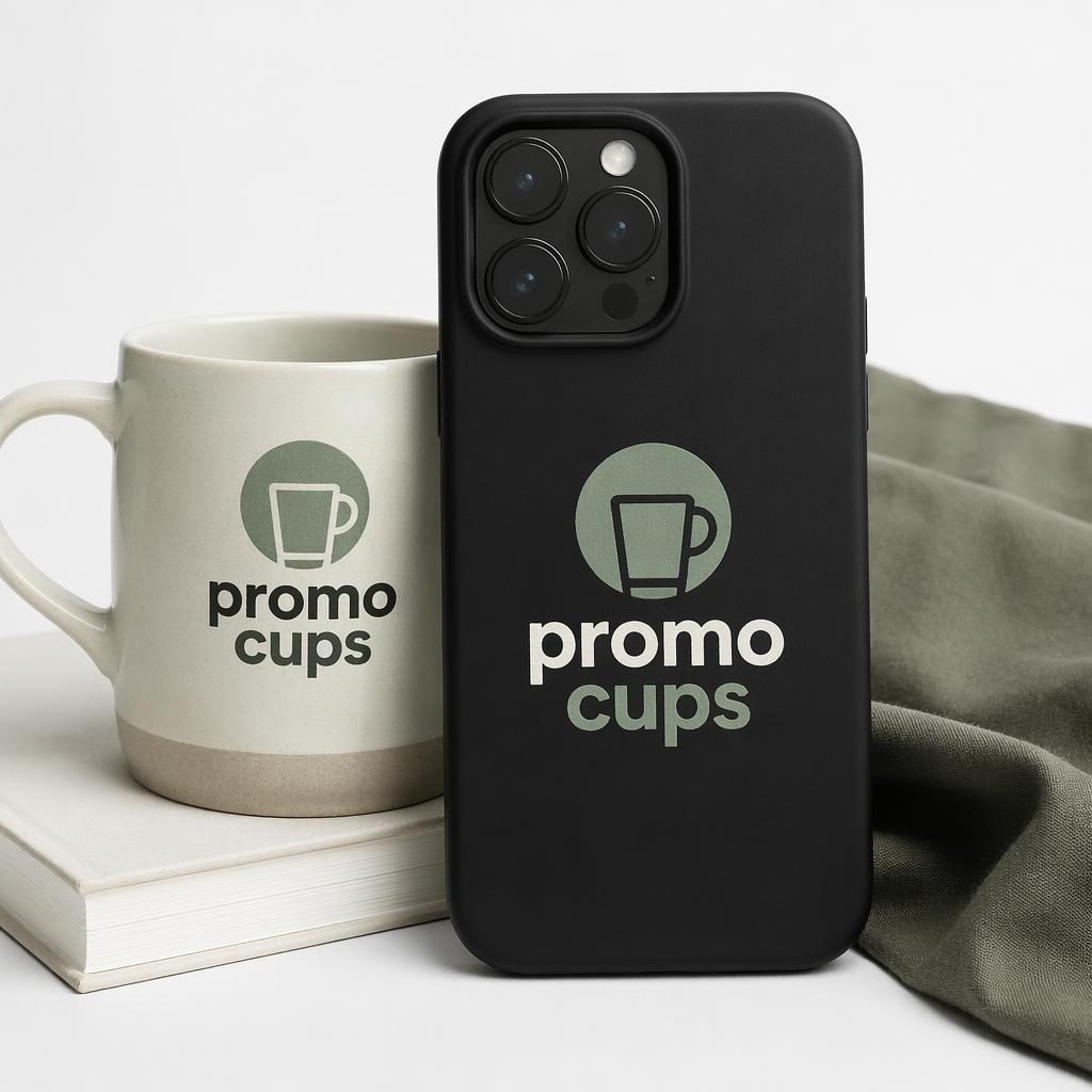 Black phone case mockup with promo cups logo on a clean white background in sage and ivory studio styling.