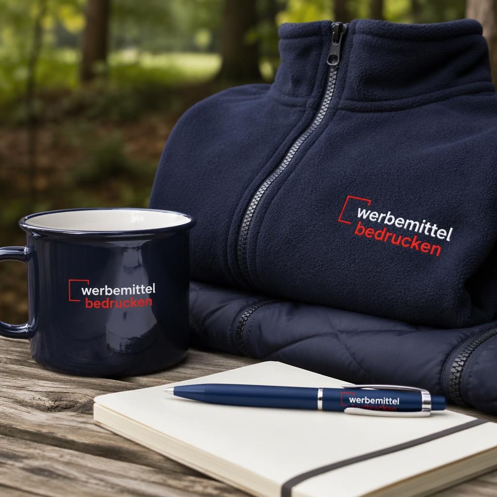 Fotorealistischer navy Kugelschreiber als Outdoor-Lifestyle-Mockup mit kleinem rot-weißem werbemittel bedrucken Logo