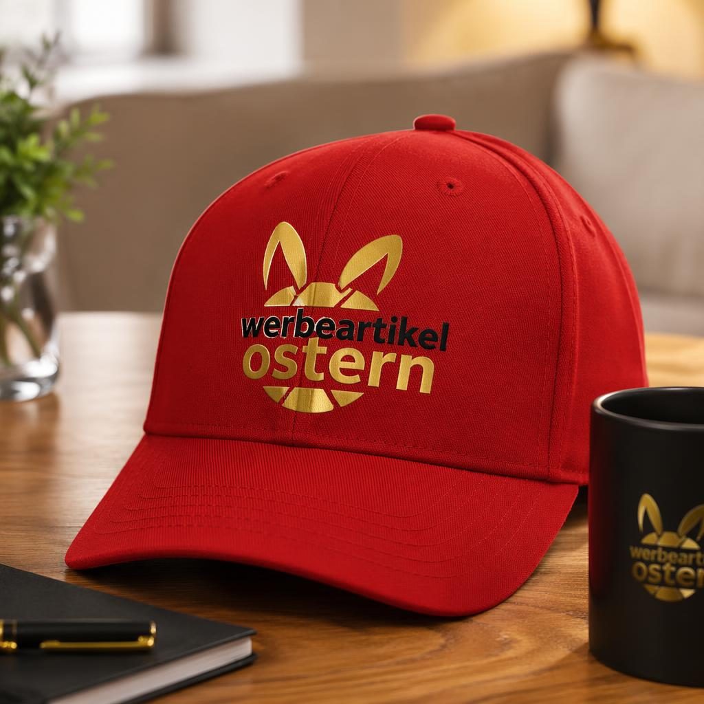 Fotorealistisches Mockup einer roten Cap mit großem Logo-Print in Schwarz und Gold in gemütlicher Wohnumgebung