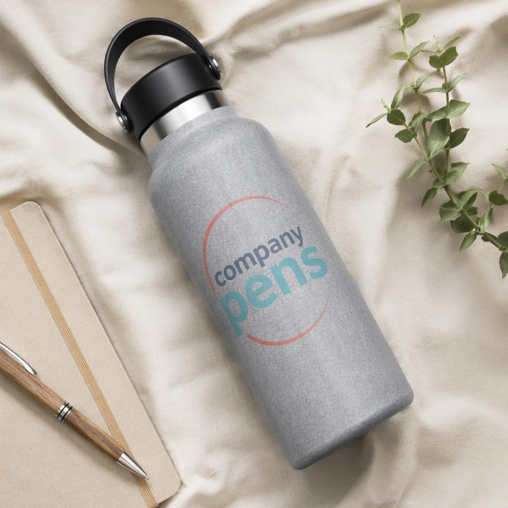 Studio flat lay mockup of a heather gray water bottle with a large company pens logo in a soft pastel palette.