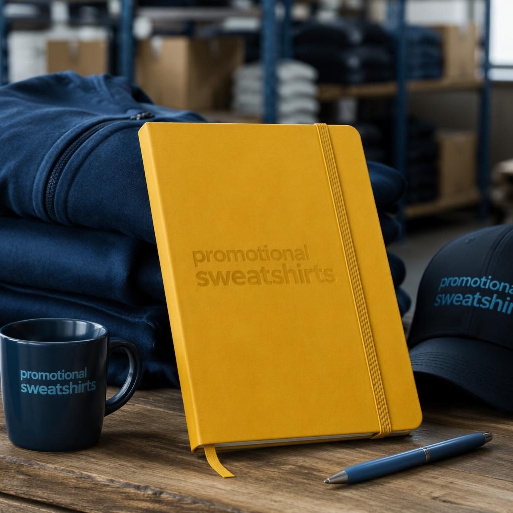 Mustard yellow notebook mockup with subtle tone-on-tone promotional sweatshirts logo in an industrial studio setting.