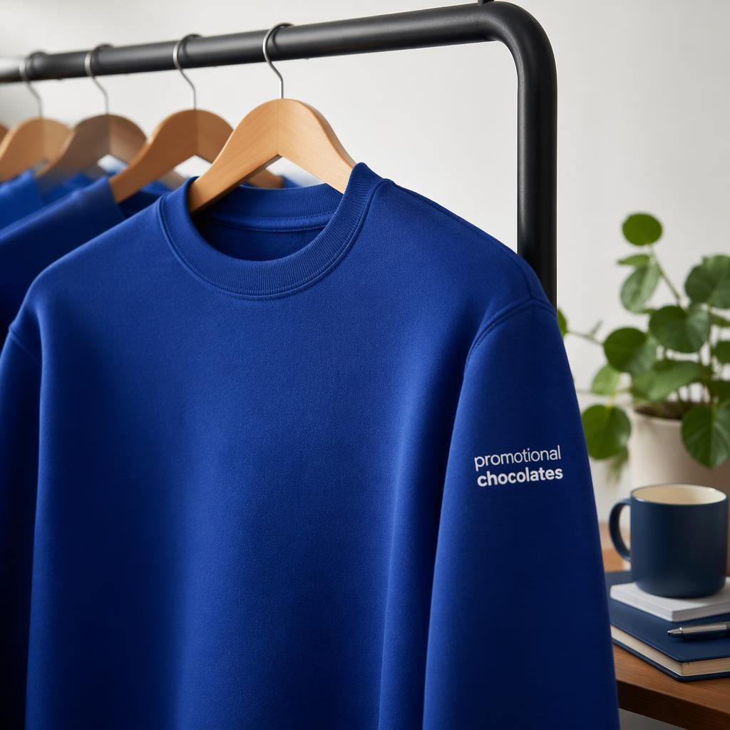 Royal blue crewneck sweatshirt hanging on a rack with a promotional chocolates logo printed on the sleeve.