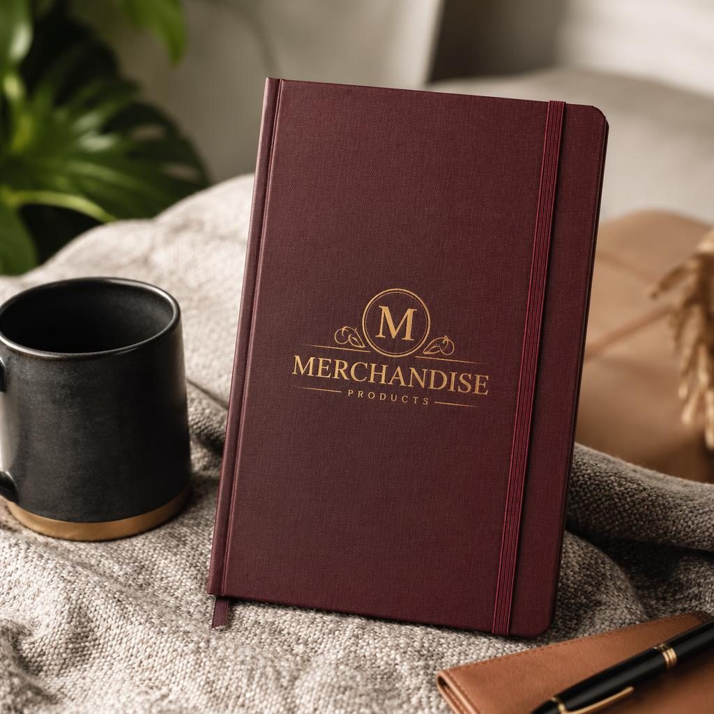 Photo-real burgundy notebook mockup with generic merchandise products logo, styled in a cozy luxury home setting.