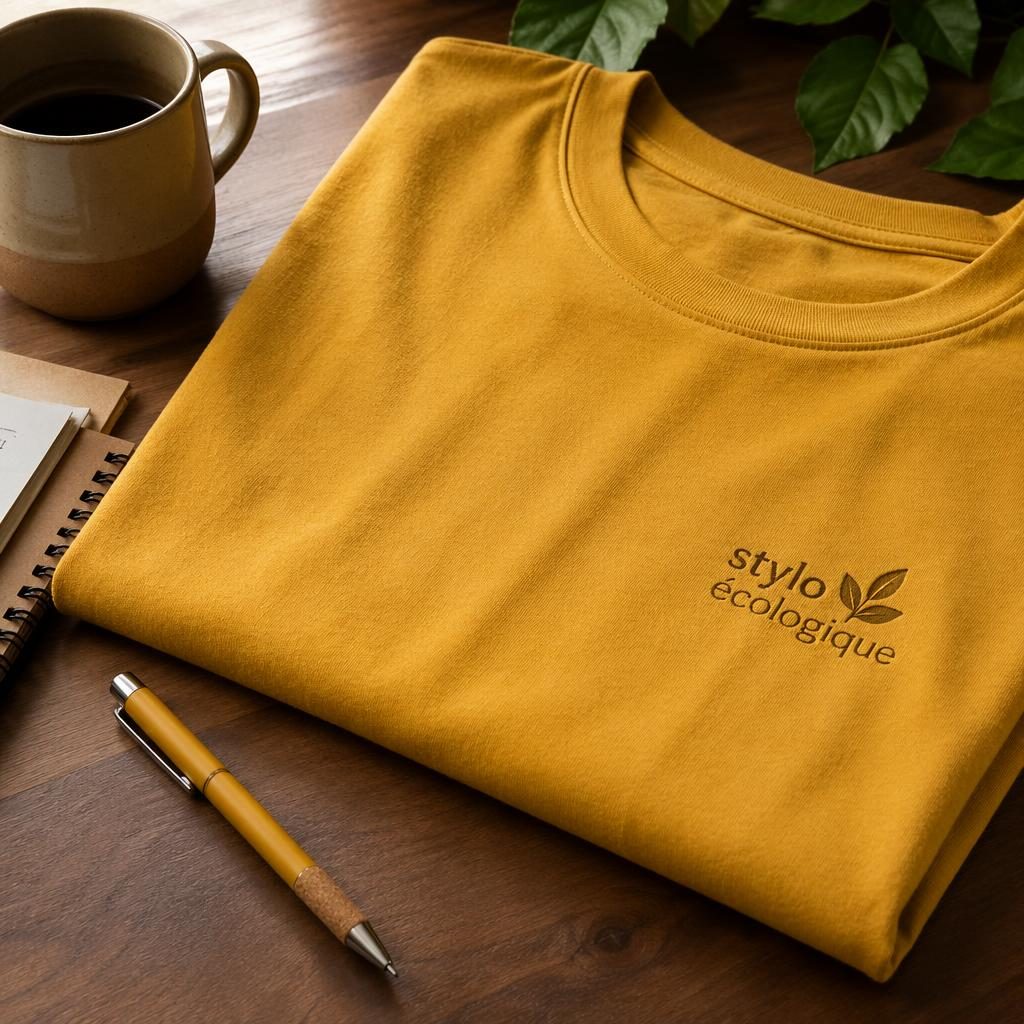 Mockup photo réaliste d’un stylo jaune moutarde sur un bureau, style lifestyle, avec logo stylo écologique.