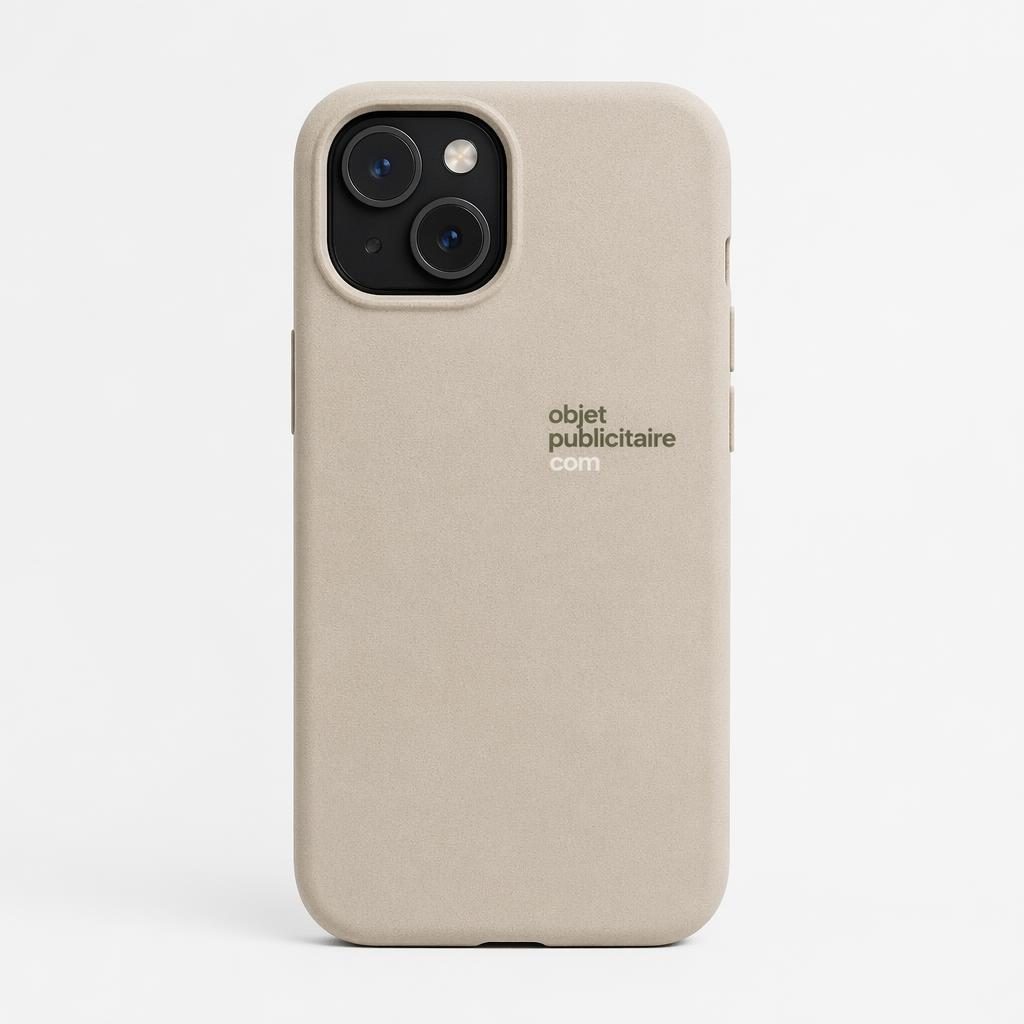 Mockup photo réaliste d’une coque de téléphone beige sable sur fond blanc, avec logo objetpublicitaire com en petit.