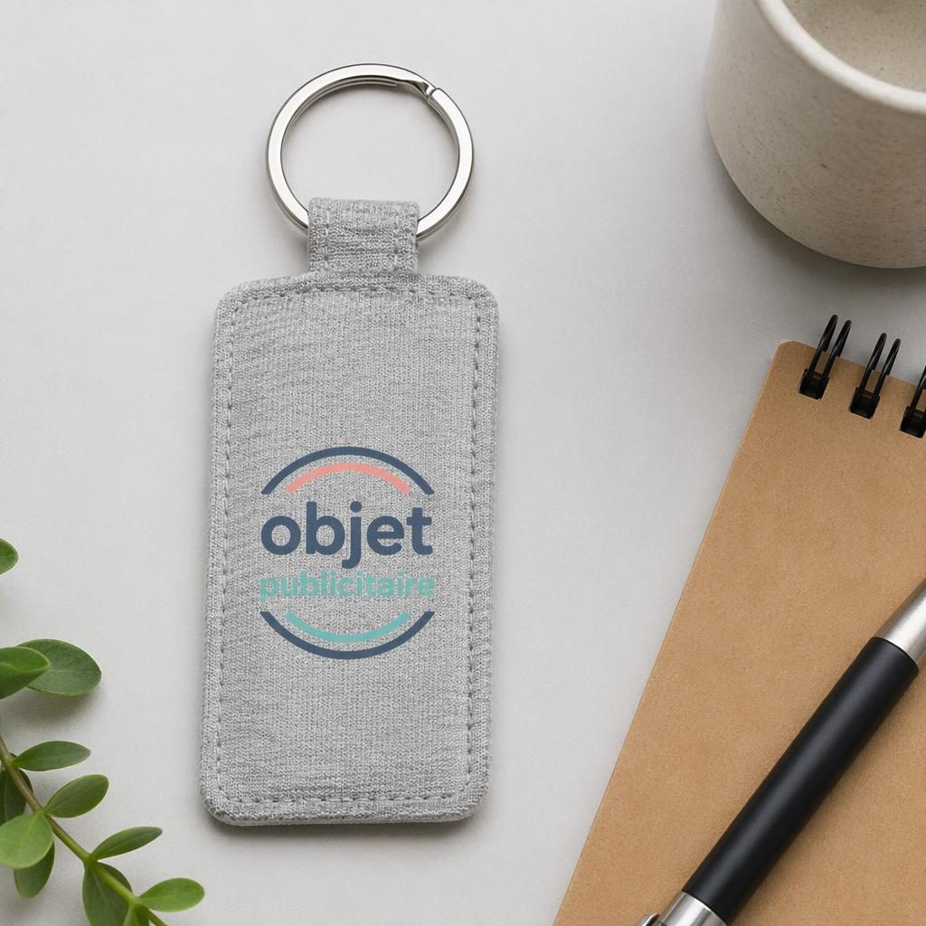 Mockup photo réaliste d’un porte-clés gris chiné à plat, avec logo générique objet publicitaire au dos.