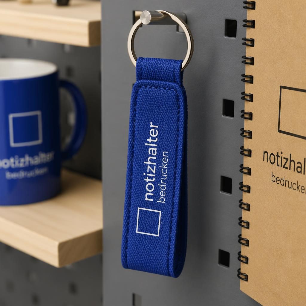 Royalblauer Schlüsselanhänger mit notizhalter bedrucken Logo, hängend an Rack, Studio-Mockup mit scharfem Fokus
