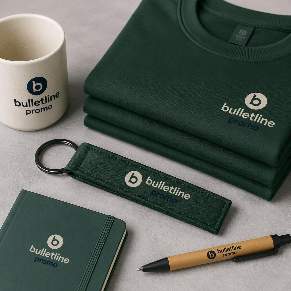Photo-real forest green keychain mockup with centered bulletline promo logo, folded stack styling and navy cream palette.