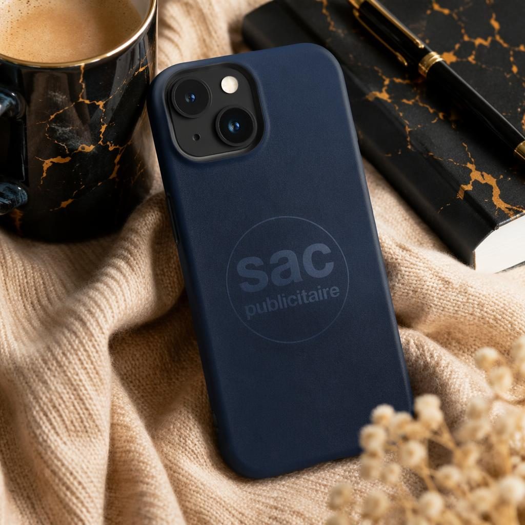 Coque de téléphone bleu marine avec logo ton sur ton sac publicitaire, scène maison cosy noir et or.